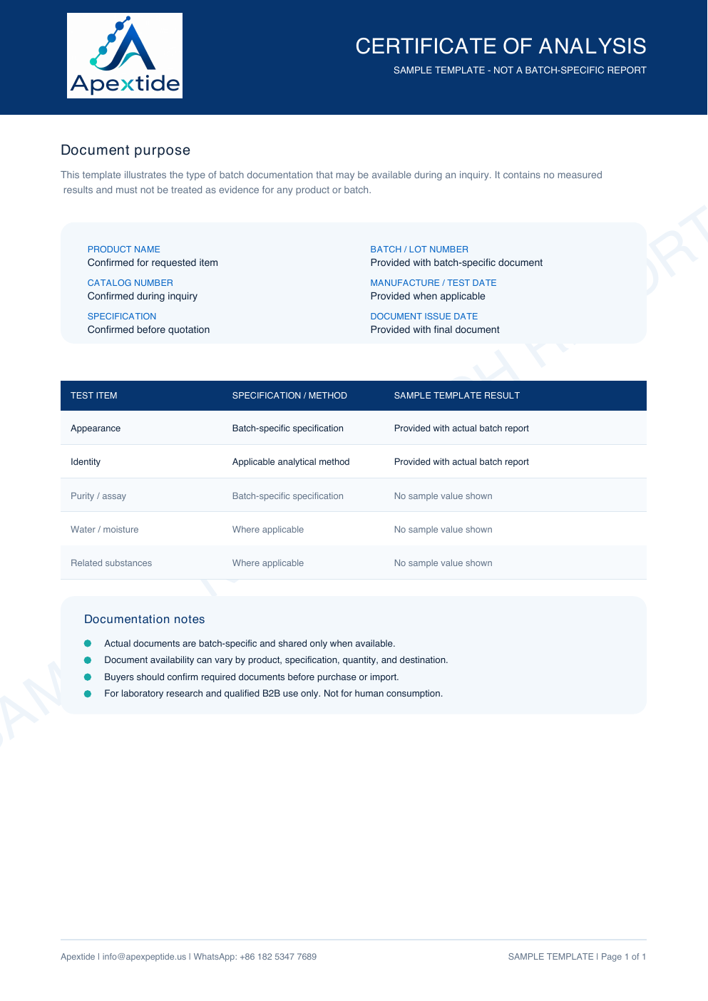 Apextide sample certificate of analysis template